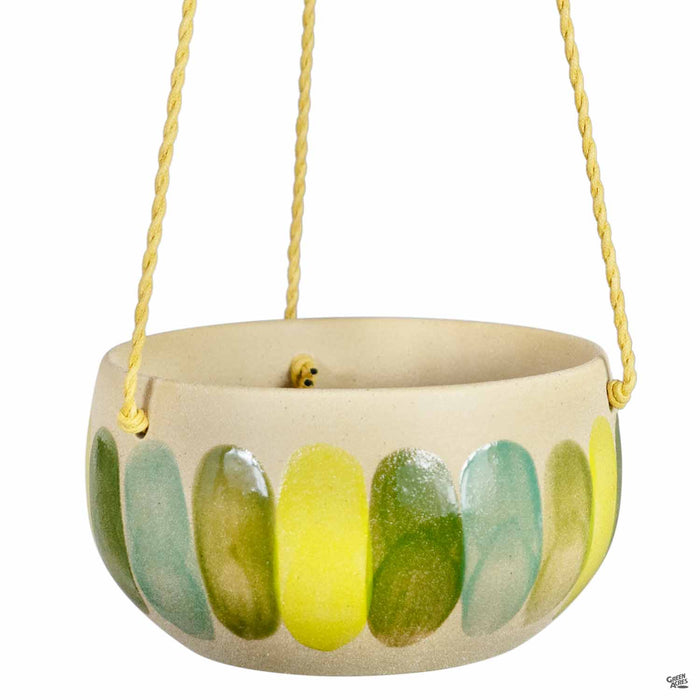 Painted Green Striped Hanging Bowl Close Up