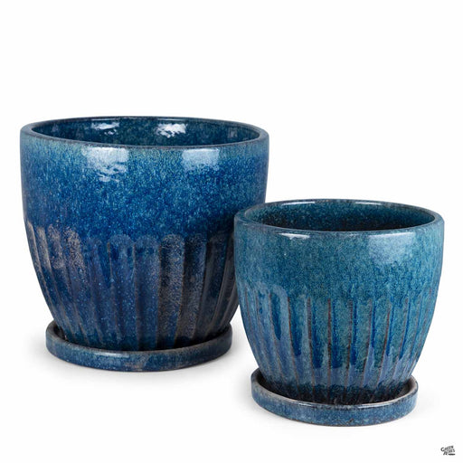 Zaragoza Planter with Attached Saucer set in blue