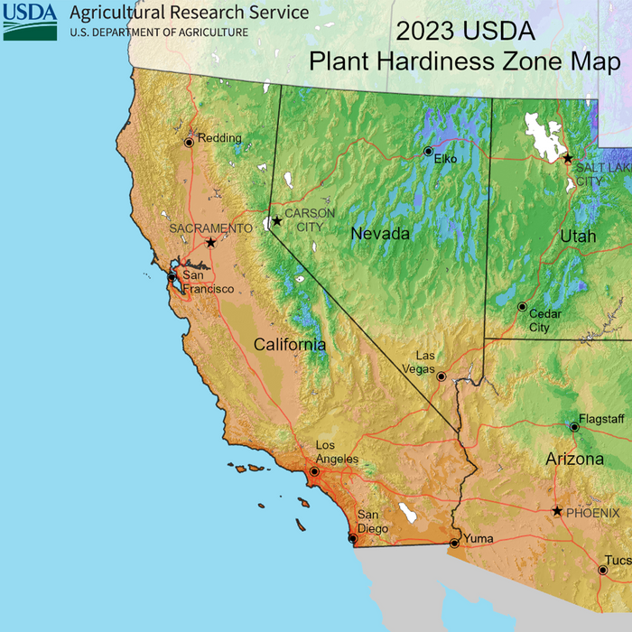 2023 USDA Plant Hardiness Zone Map with Average Annual Extreme minimum temperature 1991-2020.