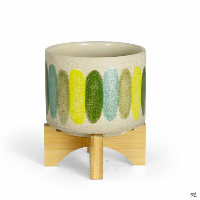 Painted Stripe Cache Pot with Stand -- Green Multi-Colored -- Small