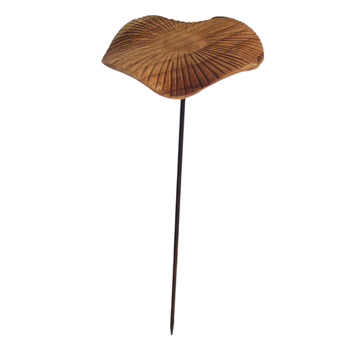 Garden art made to resmble a wooden mushroom stake.